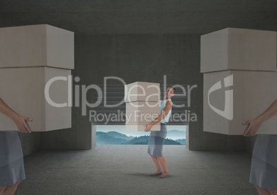 Businesswoman transparent with boxes in garage landscape