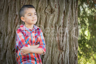 Mixed Race Young Boy Standing Outdoors.