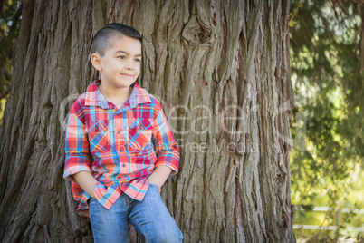 Mixed Race Young Boy Standing Outdoors.