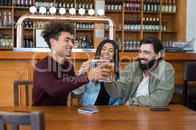 Friends toasting glass of beer in bar
