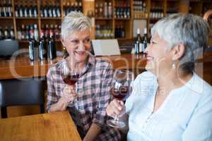 Two female senior friends having red wine in restaurant