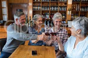 Group of smiling senior friends toasting glass of wine