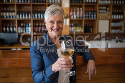 Smiling senior woman having glass of wine at counter