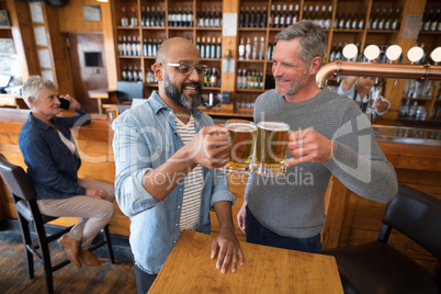 Friends toasting glass of beer at counter in restaurant