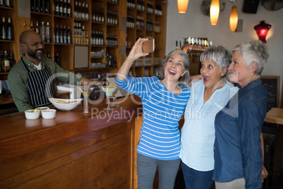 Senior friends taking selfie with mobile phone in bar