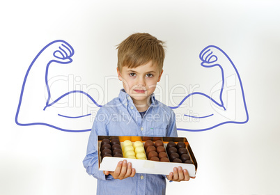 Boy with muscle sketch and confectionery