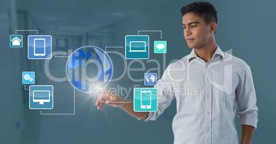 World devices interface and Businessman touching air in front of corridor