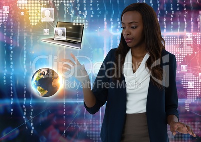 World and device contacts interface and Businesswoman touching air in front of virtual number codes