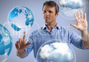 Cloud world bubbles and Businessman touching air with eyes closed in front of windows