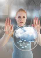 Cloud bubble and Futuristic Businesswoman touching air in front of blurred office