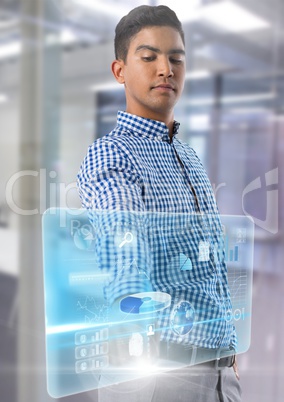 Technology interface and Businessman touching air in front of office