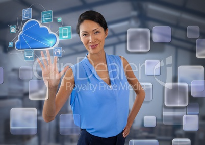 App interface and Businesswoman touching air in front of warehouse