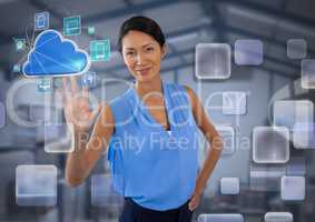 App interface and Businesswoman touching air in front of warehouse
