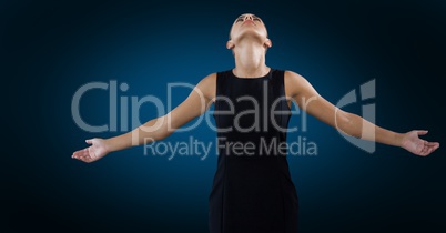 Businesswoman with arms open in front of blue background vignette