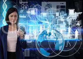 World technology interface and Businesswoman touching air in front of science technology background