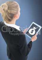 Woman holding tablet with money bag icon