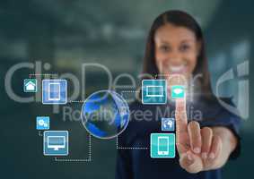 World devices interface and Businesswoman touching air in front of office