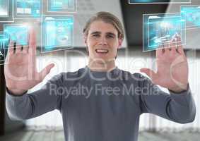Technology interface and Businessman holding hands up in front of business room