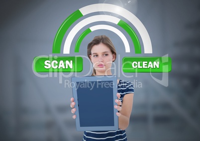 Woman holding tablet with scan button and clean button status bars
