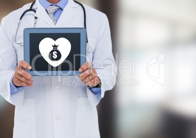 Doctor holding tablet with heart and money bag icon