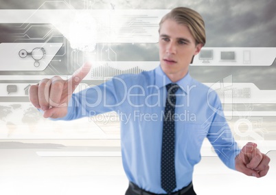Technology interface and Businessman touching air in front of clouds
