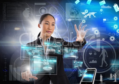 Technology interface and Businesswoman touching air in front of science technology interfaces