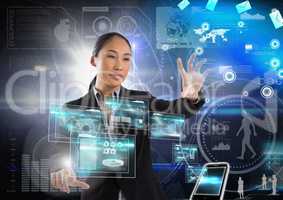 Technology interface and Businesswoman touching air in front of science technology interfaces