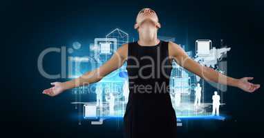 networking interface and Businesswoman with arms open in front of blue background vignette
