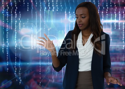 Businesswoman touching air in front of virtual number codes