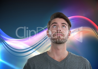 Man looking up with light curves background