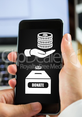 Hand using phone with donate money box icons
