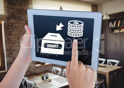 Hand holding tablet with donate box and money instruction icons