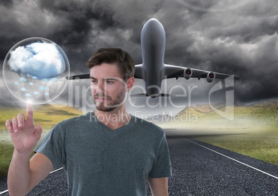 Cloud bubble and Businessman touching air in front of airplane on runway