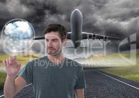 Cloud bubble and Businessman touching air in front of airplane on runway