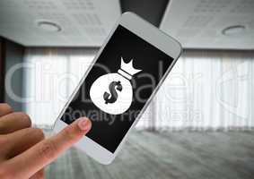 Hand using phone with money bag icon