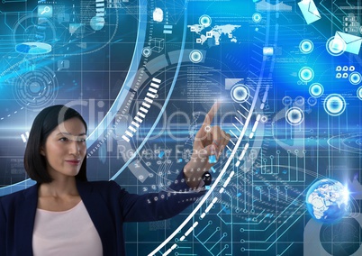 Technology interface and Businesswoman touching air in front of technology science interfaces