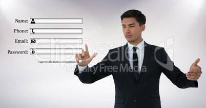 Secure Profile Login contact graphic Businessman touching air with hand gestures in front of white b