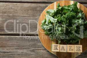 Fresh kale leaves with text blocks on cutting board