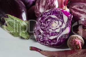 Close-up of eggplants with red cabbage