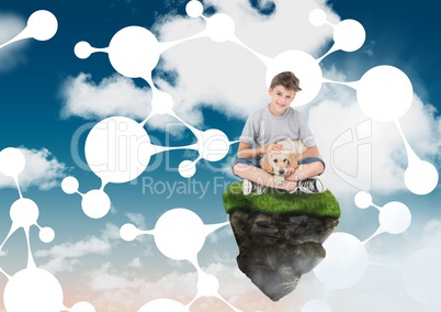 Boy on floating rock platform  in sky holding dog with connectors interface