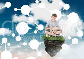Boy on floating rock platform  in sky holding dog with connectors interface
