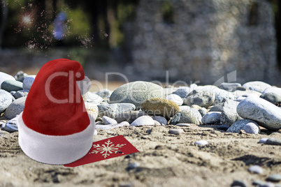 Christmas beach Santa Claus hat on the beach.