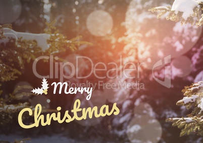 merry Christmas text on snow background, bokeh