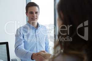 Male executive and female executive shaking hands with each other