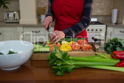 Mid section of woman cutting vegetable in kitchen