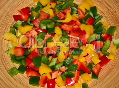 close up of chopped colored peppers
