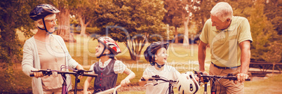 Happy grandparents with their grandchildren on their bike