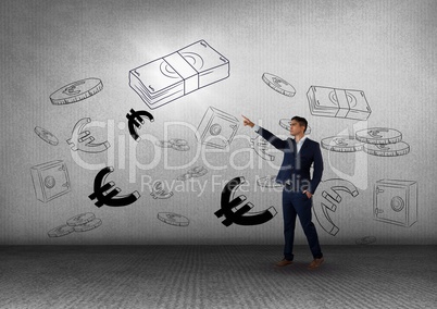 man in front of money on wall