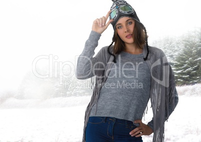 Woman in Winter with ski glasses in snow landscape