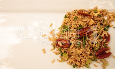 Healthy pecan nut brown rice with cilantro